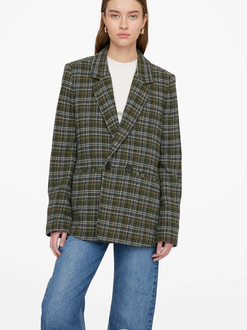 Anine Bing Olive Green Checked Double-Breasted Blazer